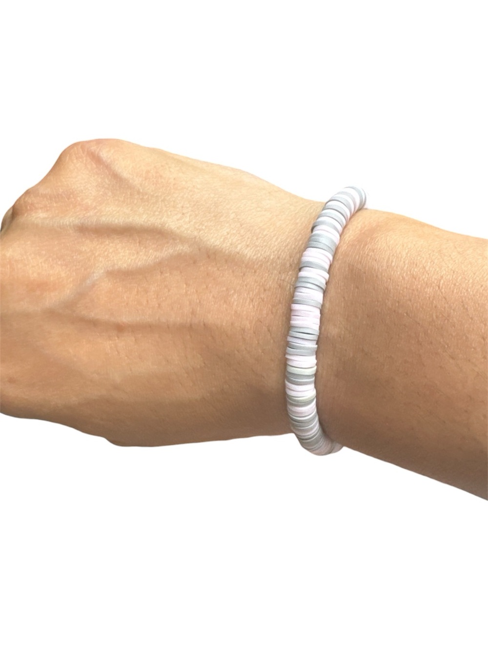 Handcrafted White & Pale Pink Clay Beaded Stretch Bracelet